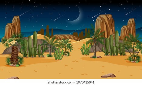 Desert forest landscape at night scene illustration
