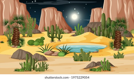 Desert forest landscape at night scene with oasis illustration