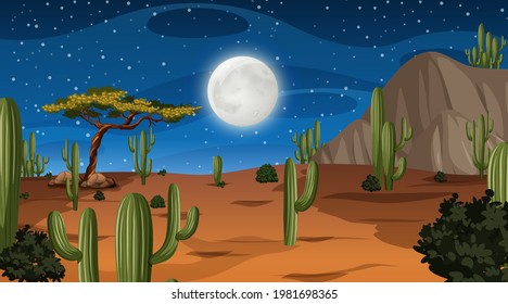 Desert forest landscape at night scene with many cactus illustration