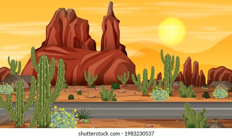 Desert forest landscape at night scene with long road illustration