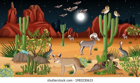 Desert forest landscape at night scene with wild animals illustration