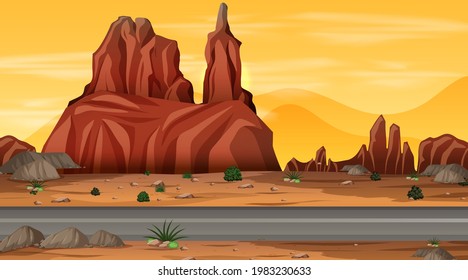 Desert forest landscape at night scene with long road illustration