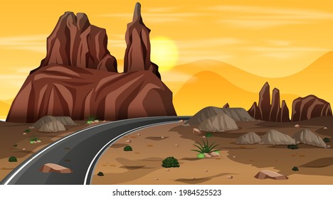 Desert forest landscape at night scene with long road illustration