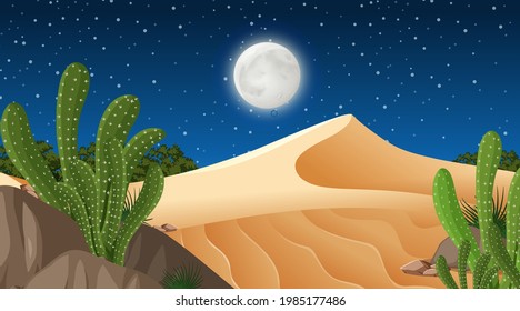 Paisaje forestal del desierto en la escena nocturna con muchas ilustraciones de cactus