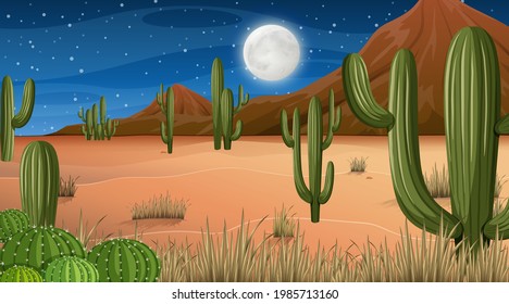 Desert forest landscape at night scene illustration