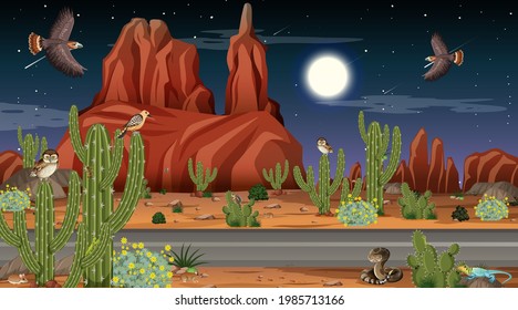 Desert forest landscape at night scene with desert animals and plants illustration