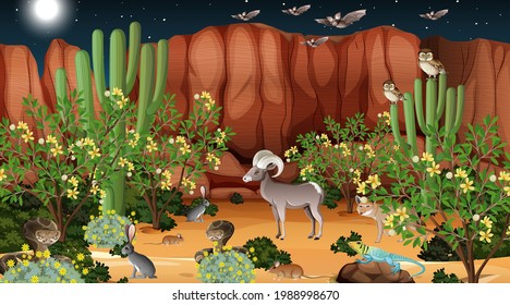 Desert forest landscape at night scene with wild animals illustration