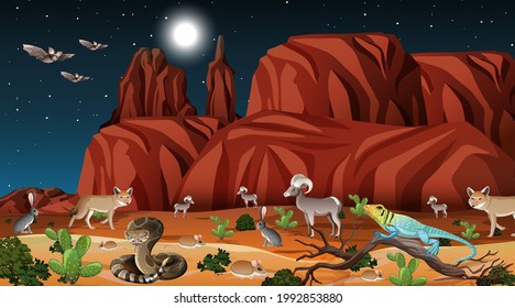 Desert forest landscape at night scene with wild animals illustration