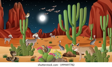 Desert forest landscape at night scene with wild animals illustration