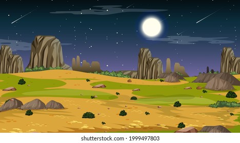 Desert forest landscape at night scene illustration