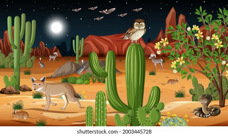 Paisaje forestal del desierto en la escena nocturna con ilustración de animales salvajes