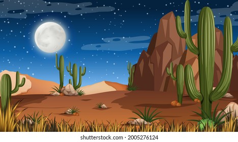 Desert forest landscape at night scene with many cactus illustration