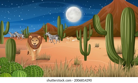 Desert forest landscape at night scene with many cactus illustration