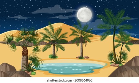 Desert forest landscape at night scene with small oasis illustration