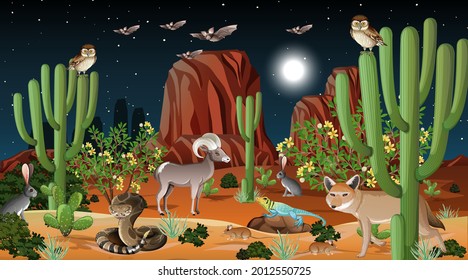 Desert forest landscape at night scene with wild animals illustration