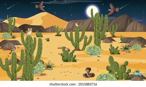 Desert forest landscape at night scene with desert animals and plants illustration