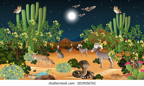 Paisaje forestal del desierto en la escena nocturna con ilustración de animales salvajes