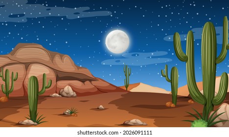 Paisaje forestal del desierto en la escena nocturna con muchas ilustraciones de cactus
