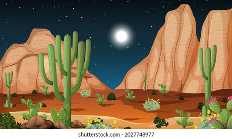 Paisaje forestal del desierto en ilustración nocturna