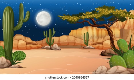Paisaje forestal del desierto en la escena nocturna con muchas ilustraciones de cactus