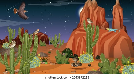 Desert forest landscape at night scene with desert animals and plants illustration