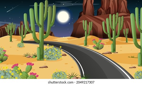 Desert forest landscape at night scene with long road illustration