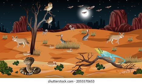 Desert forest landscape at night scene with wild animals illustration