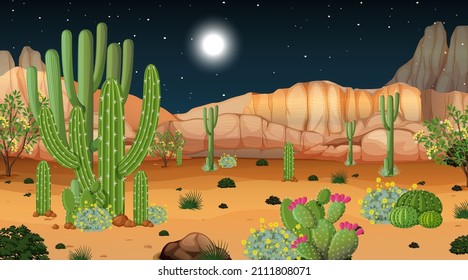 Desert forest landscape at night scene illustration