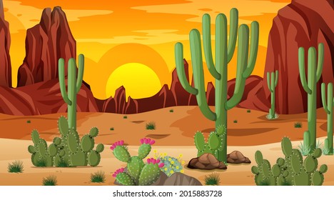 Desert forest landscape scene at sunset time illustration