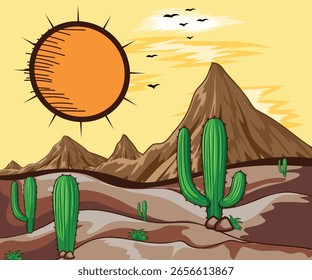 Desert forest landscape sunset cactuses illustration design