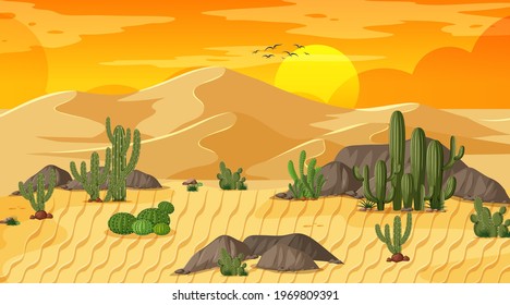 Desert forest landscape at sunset scene with oasis illustration