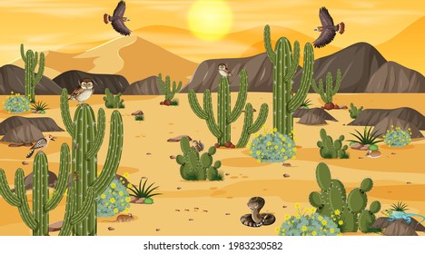 Desert forest landscape at sunset scene with desert animals and plants illustration
