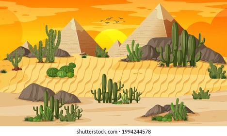 Desert forest landscape at sunset scene with Pyramid of Giza illustration