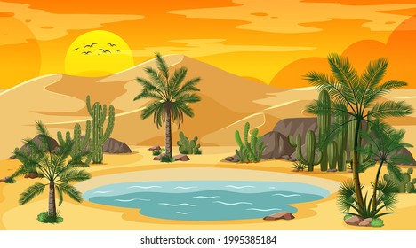 Desert forest landscape at sunset scene with oasis illustration