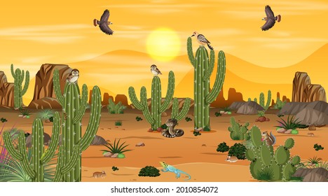Desert forest landscape at sunset scene with desert animals and plants illustration