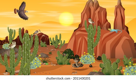 Desert forest landscape at sunset scene with desert animals and plants illustration