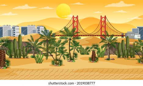 Desert forest landscape at sunset scene with cityscape background illustration