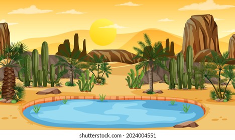 Desert forest landscape at sunset scene with oasis illustration