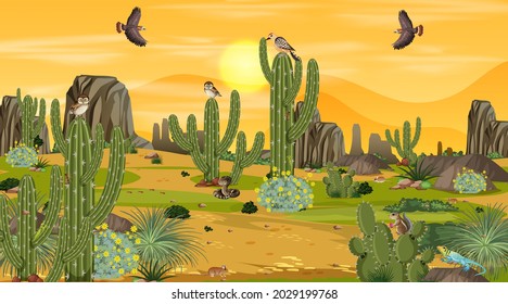 Desert forest landscape at sunset scene with desert animals and plants illustration