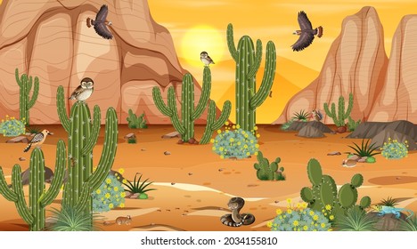 Desert forest landscape at sunset scene with desert animals and plants illustration