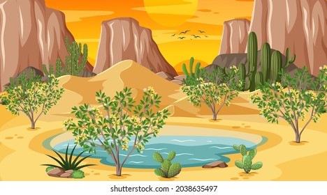 Desert forest landscape at sunset scene with oasis illustration
