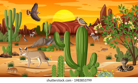 Desert forest landscape at sunset time scene with wild animals illustration