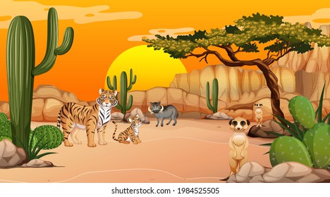 Desert forest landscape at sunset time scene with wild animals illustration