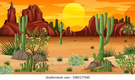 Desert forest landscape at sunset time scene with many cactuses illustration
