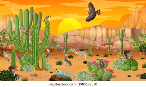 Desert forest landscape at sunset time scene with wild animals illustration