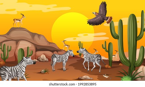 Paisaje forestal del desierto al atardecer con ilustración de animales salvajes