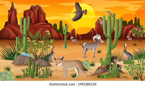 Desert forest landscape at sunset time scene with wild animals illustration