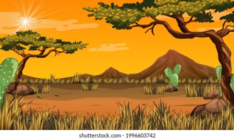 Desert forest landscape at sunset time scene illustration