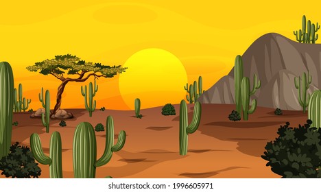 Desert forest landscape at sunset time scene with many cactuses illustration