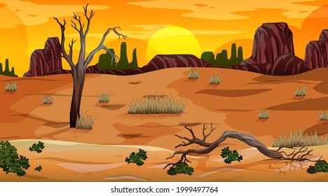 Wüstenwaldlandschaft bei Sonnenuntergang - Illustration